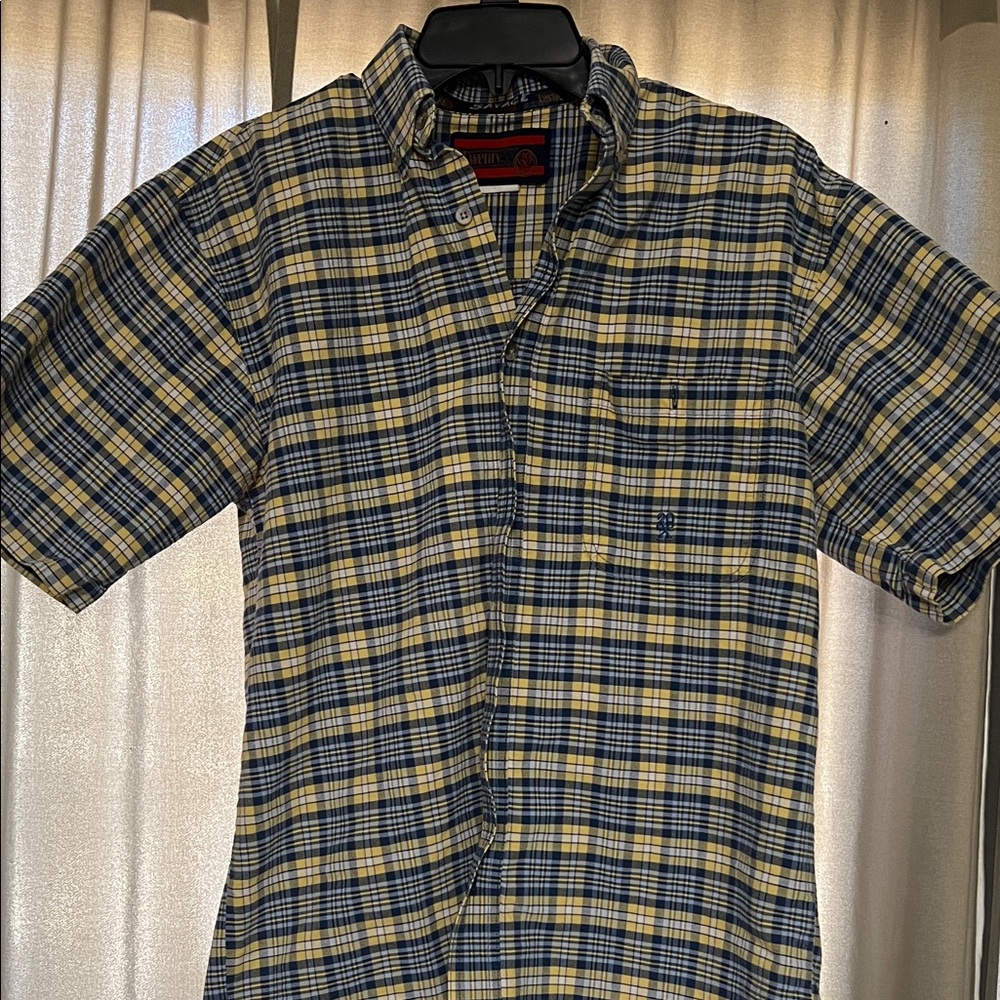 Eddie Bauer Men's Navy and Mustard Plaid Shirt